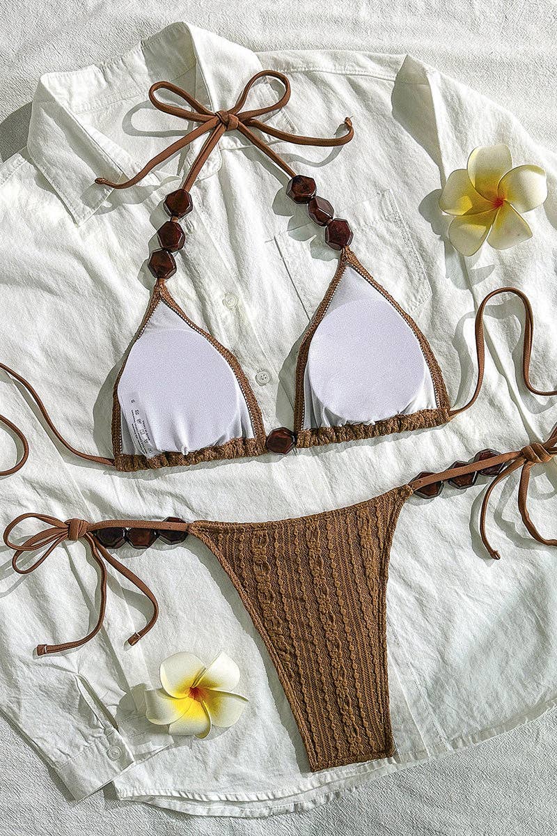 Conjunto de Bikini Elegante con Cuello Halter: CAFÉ / M